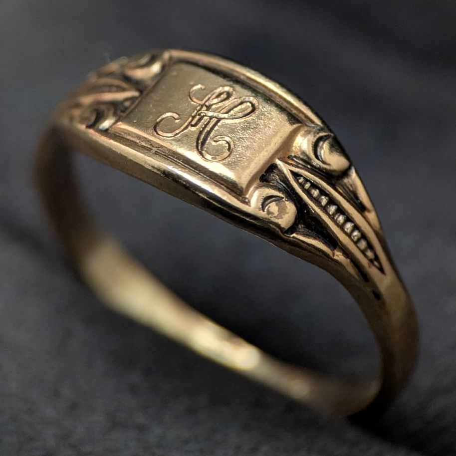 H イニシャルリング ヴィンテージ 10金 GF 11号 2.2g 彫金デザイン アンティーク調 アメリカ製 シグネットリング