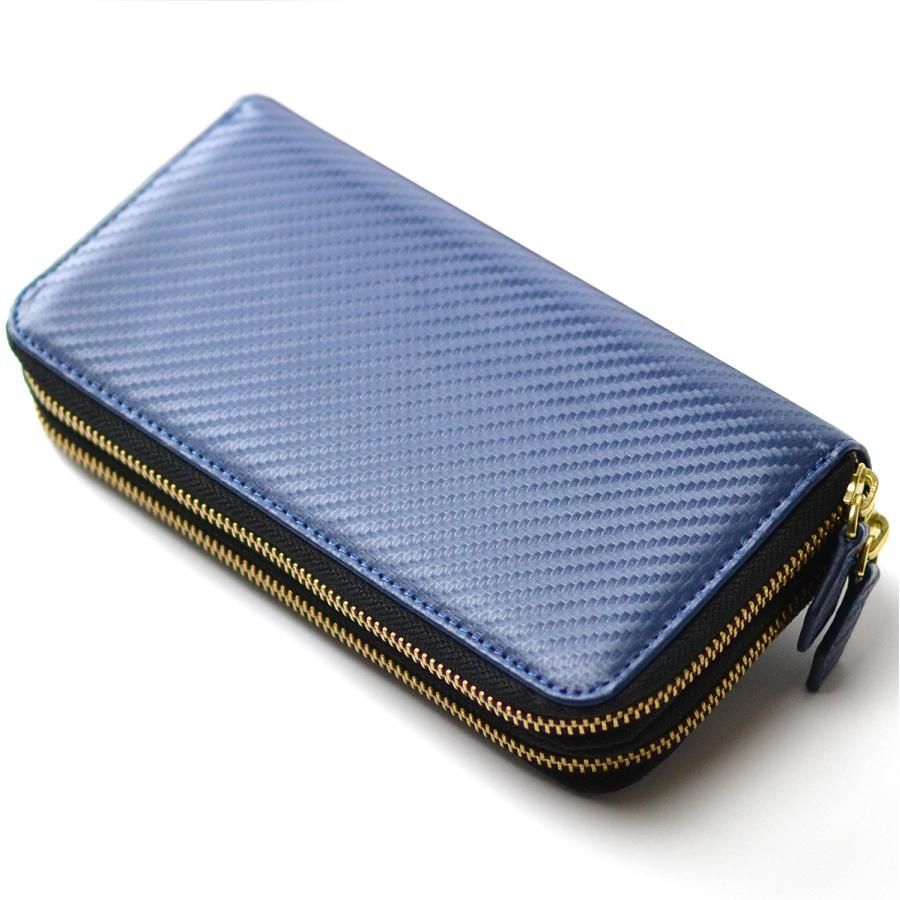 Merge カーボン加工ダブルラウンドファスナー長財布 MG-1866 ネイビー 大容量Wファスナー式