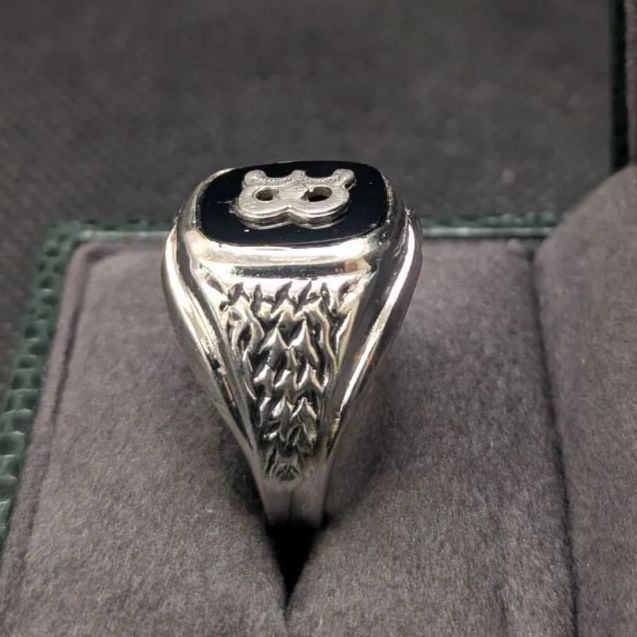 18K ホワイトゴールド HGE メッキ B イニシャル リング ヴィンテージ 1点物 18金 K18 19号 黒 ブラック 米国 アメリカ US 存在感 重厚感 WWW_SHINETEETH_COM