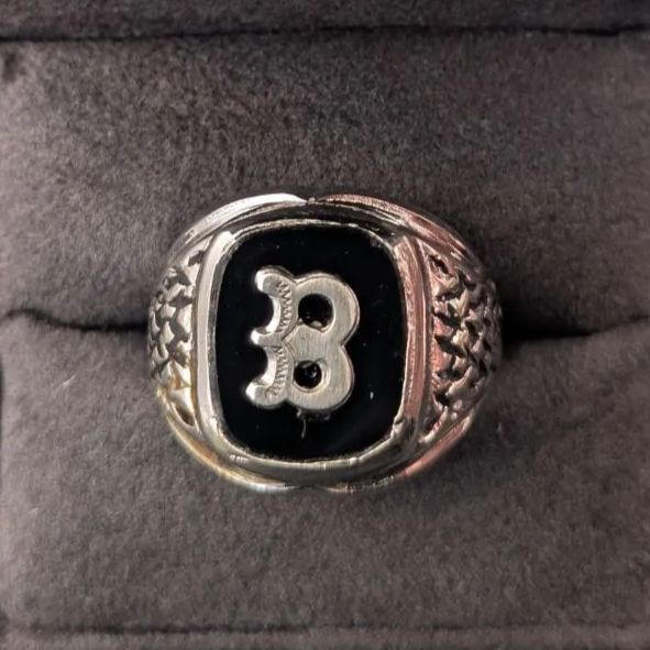 18K ホワイトゴールド HGE メッキ B イニシャル リング ヴィンテージ 1点物 18金 K18 19号 黒 ブラック 米国 アメリカ US 存在感 重厚感