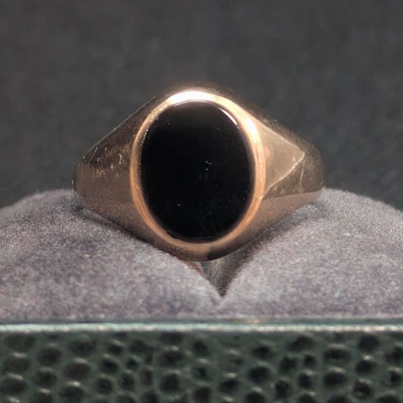 1985年 ロンドン製 9K ゴールド ブラックオニキス シグネットリング 英国ヴィンテージ