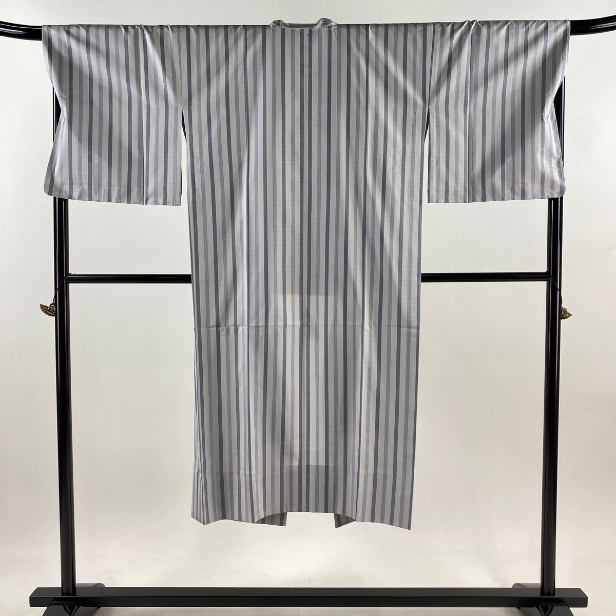 道中着 身丈131.5cm 裄丈69cm L 和装コート 着物衿 大島紬地 証紙 縦縞 灰色 正絹 秀品