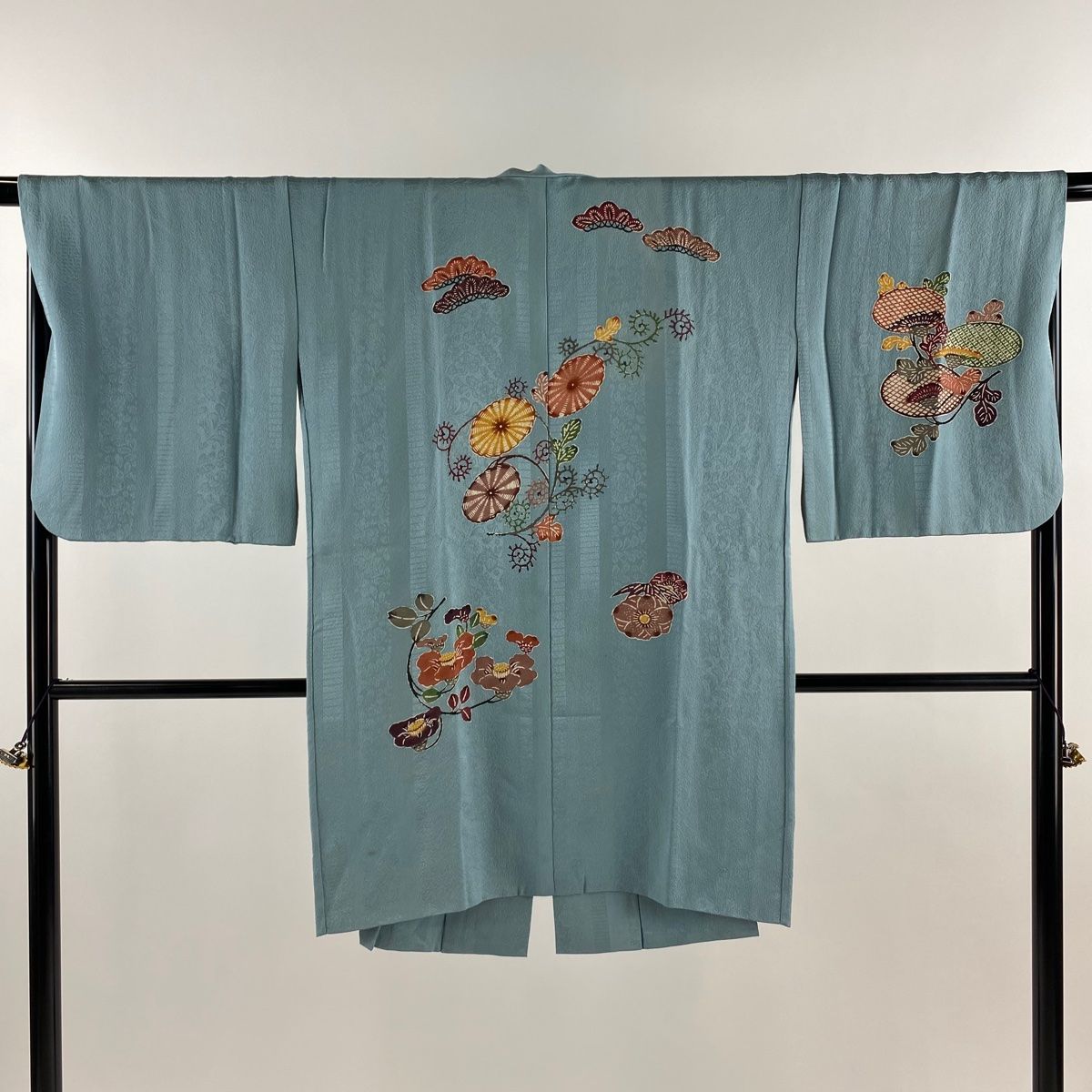 道中着 身丈97.5cm 裄丈68cm L 和装コート 花唐草 水色 正絹 秀品