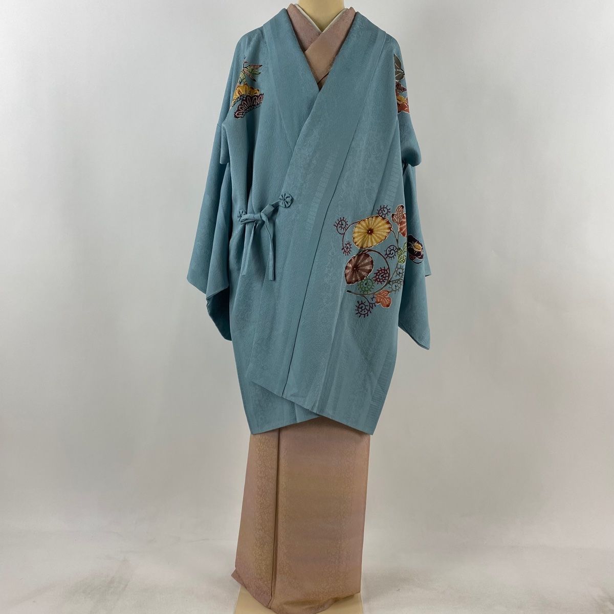 道中着 身丈97.5cm 裄丈68cm L 和装コート 花唐草 水色 正絹 秀品