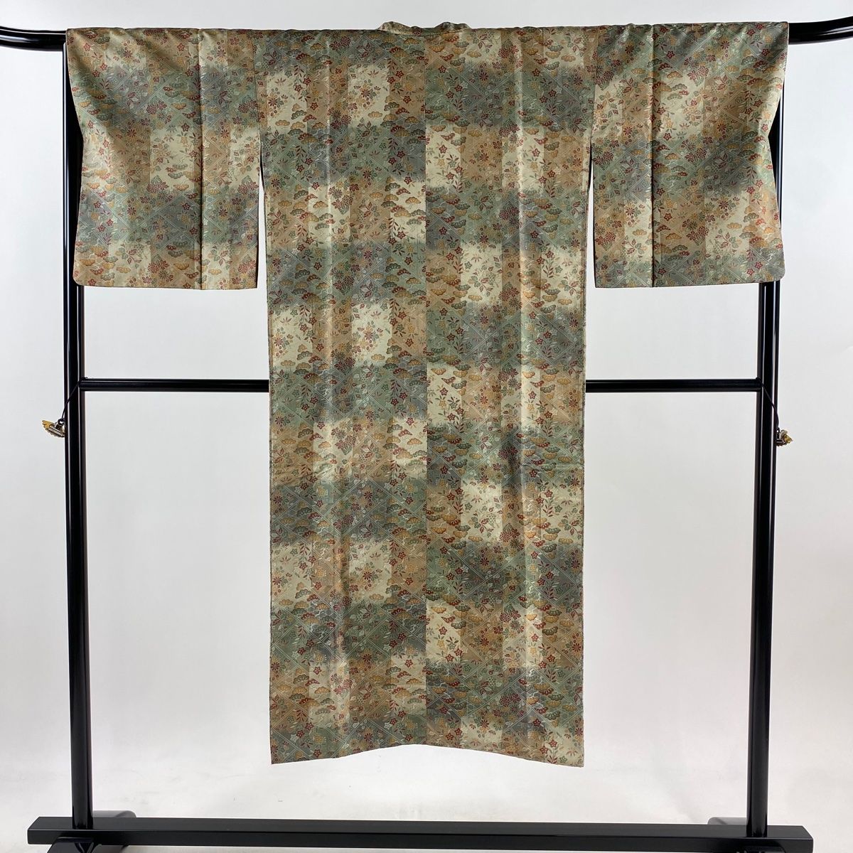 道中着 身丈135.5cm 裄丈67cm M 和装コート 着物衿 松 菊 灰緑 正絹 秀品