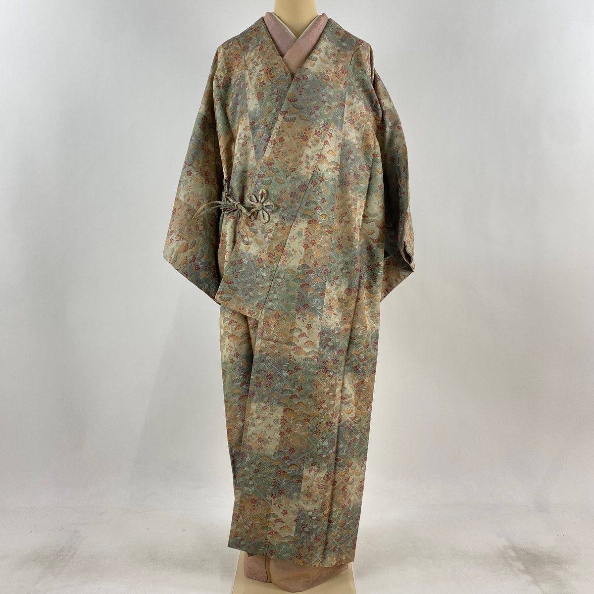 道中着 身丈135.5cm 裄丈67cm M 和装コート 着物衿 松 菊 灰緑 正絹 秀品