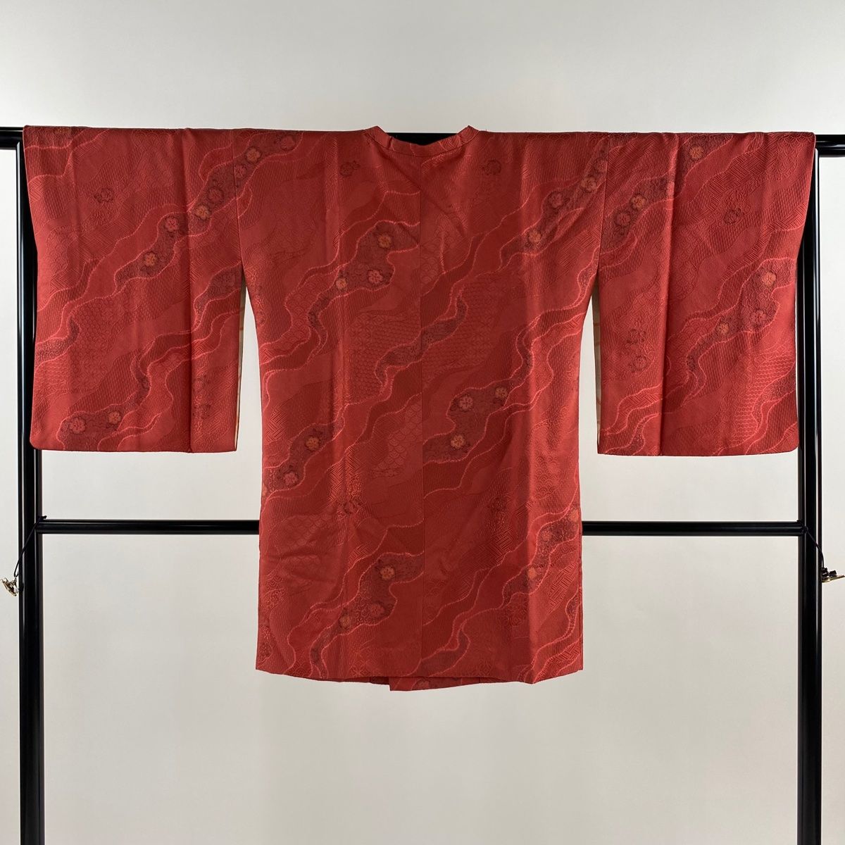 道行 身丈91.5cm 裄丈66cm M 和装コート 角衿 草花 道長取り 茜色 正絹 秀品