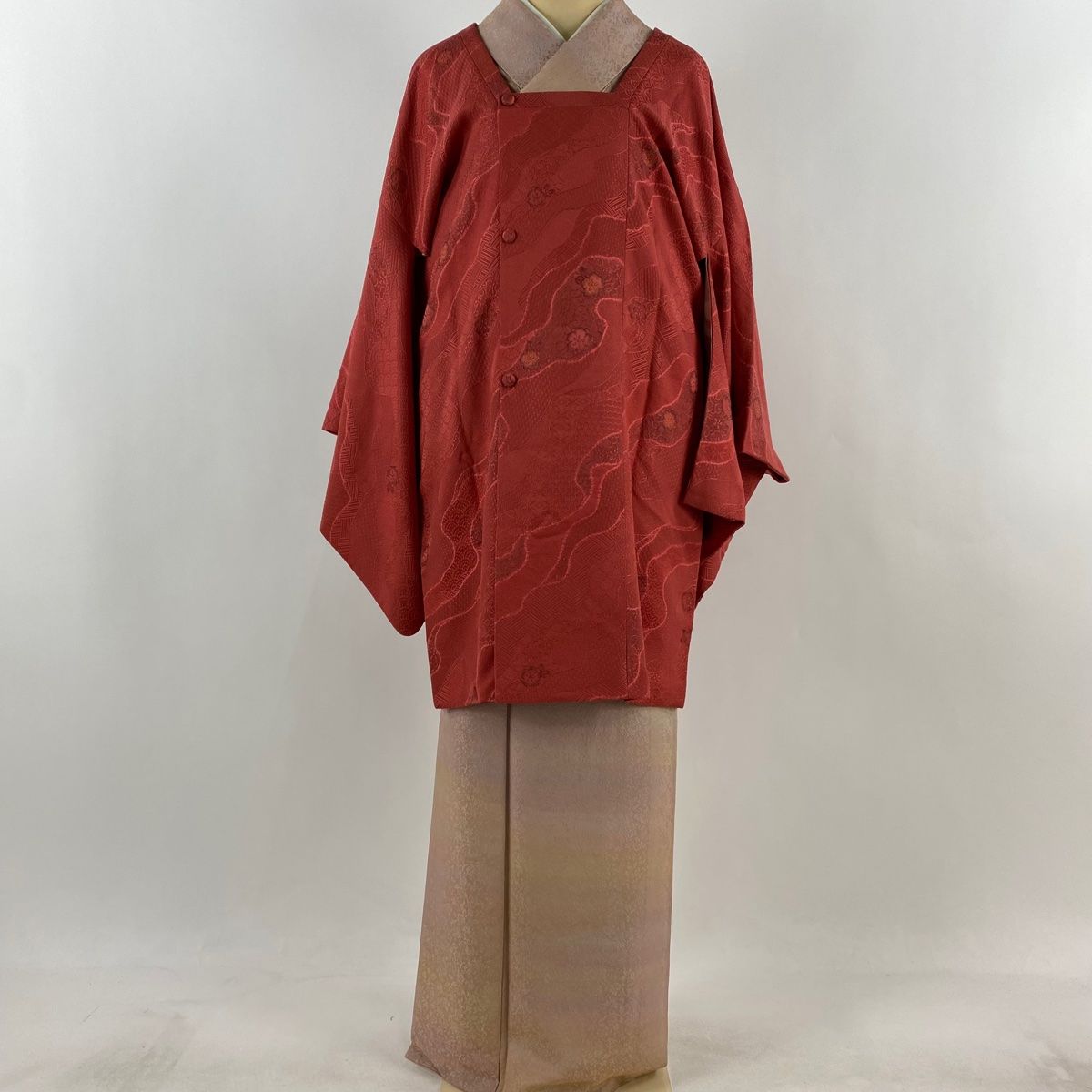 道行 身丈91.5cm 裄丈66cm M 和装コート 角衿 草花 道長取り 茜色 正絹 秀品