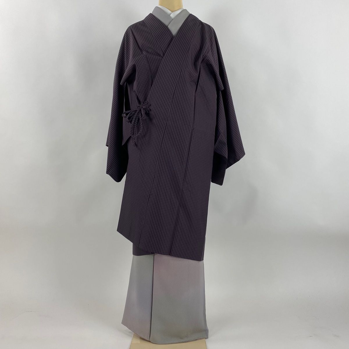 道中着 身丈106cm 裄丈67.5cm L 和装コート 格子 紫 正絹