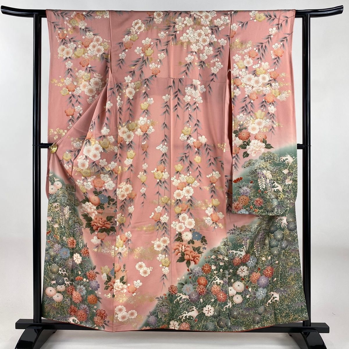 振袖 身丈158.5cm 裄丈68.5cm L 袷 桜桜 牡丹 金彩 染め分け ピンク 正絹 秀品
