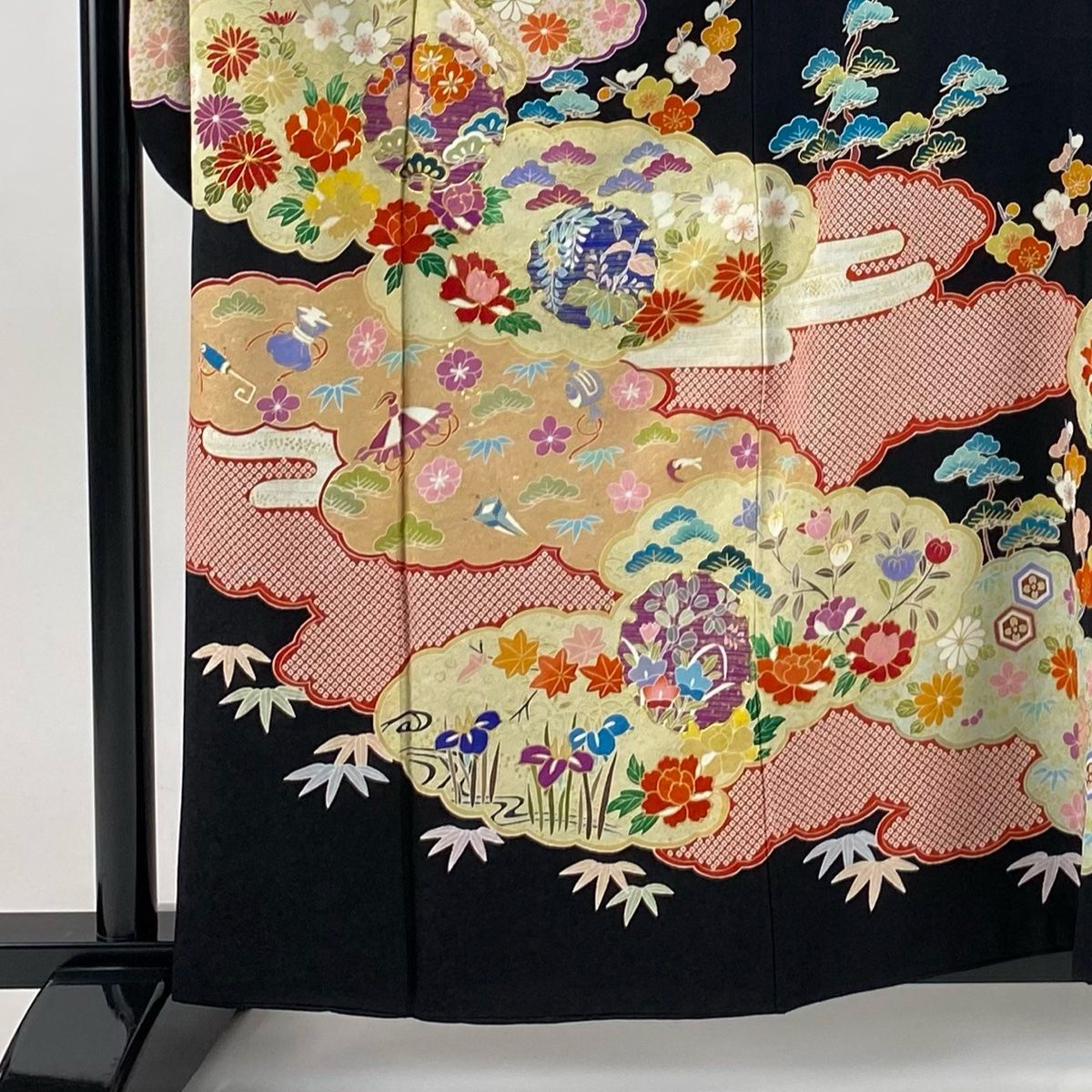 振袖 身丈161.5cm 裄丈65.5cm M 袷 松竹梅 雪輪 金糸 金彩 黒 正絹