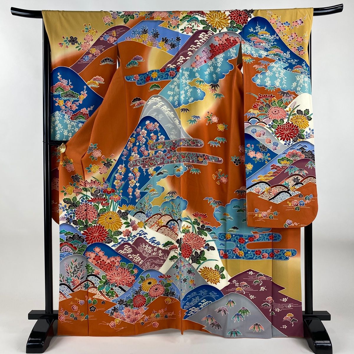 振袖 身丈167cm 裄丈67.5cm L 袷 菊 松竹梅 縮緬 ぼかし オレンジ 正絹