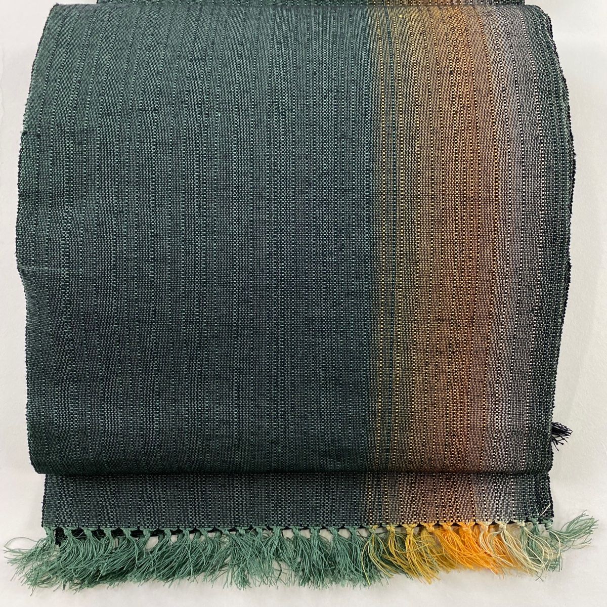 名古屋帯 秀品 八寸名古屋 紬地 縞 深緑 正絹