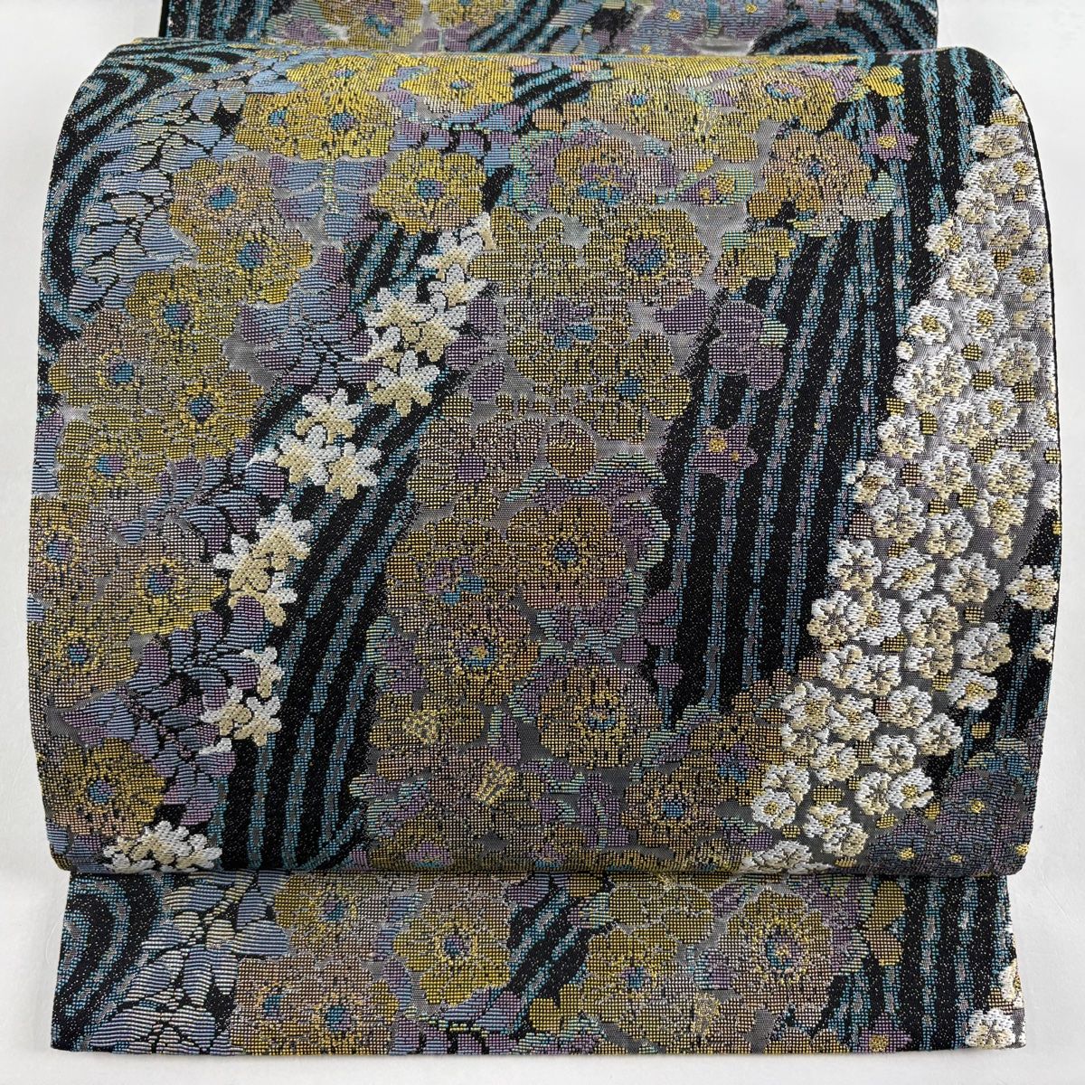 袋帯 草花 流水 金銀糸 箔 青灰色 六通 正絹