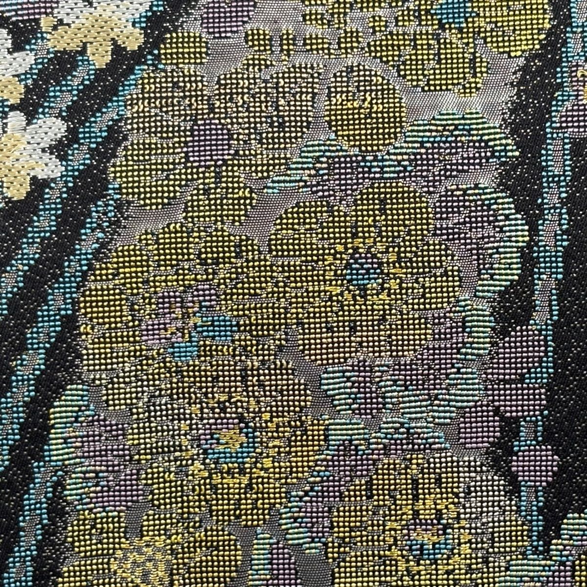 袋帯 草花 流水 金銀糸 箔 青灰色 六通 正絹