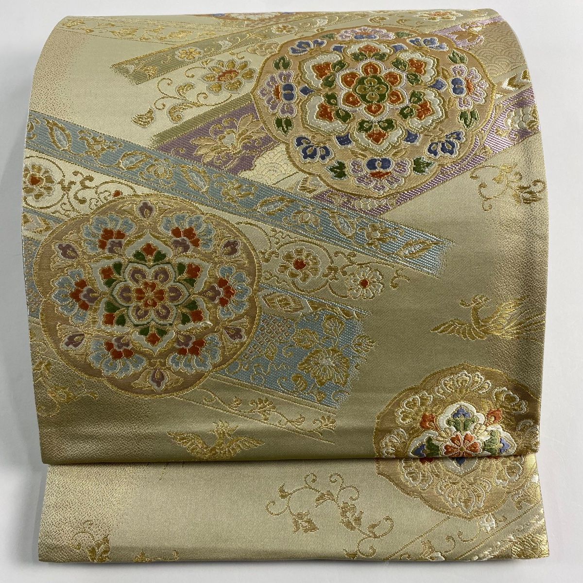 袋帯 秀品 華文 花鳥 金糸 箔 薄茶色 六通 正絹