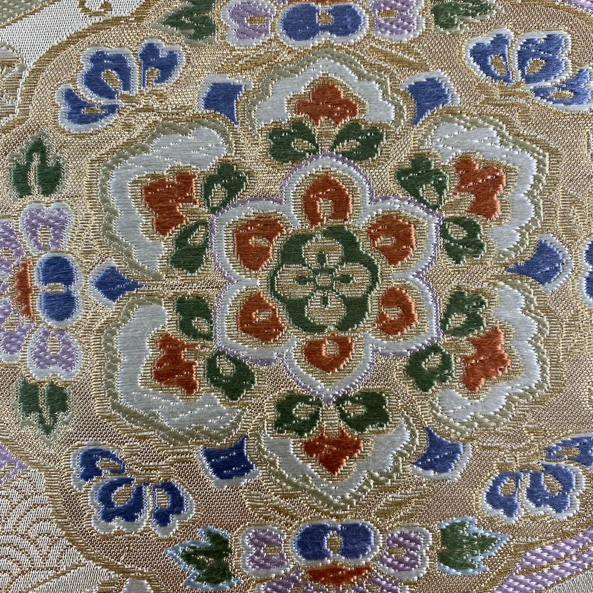 袋帯 秀品 華文 花鳥 金糸 箔 薄茶色 六通 正絹