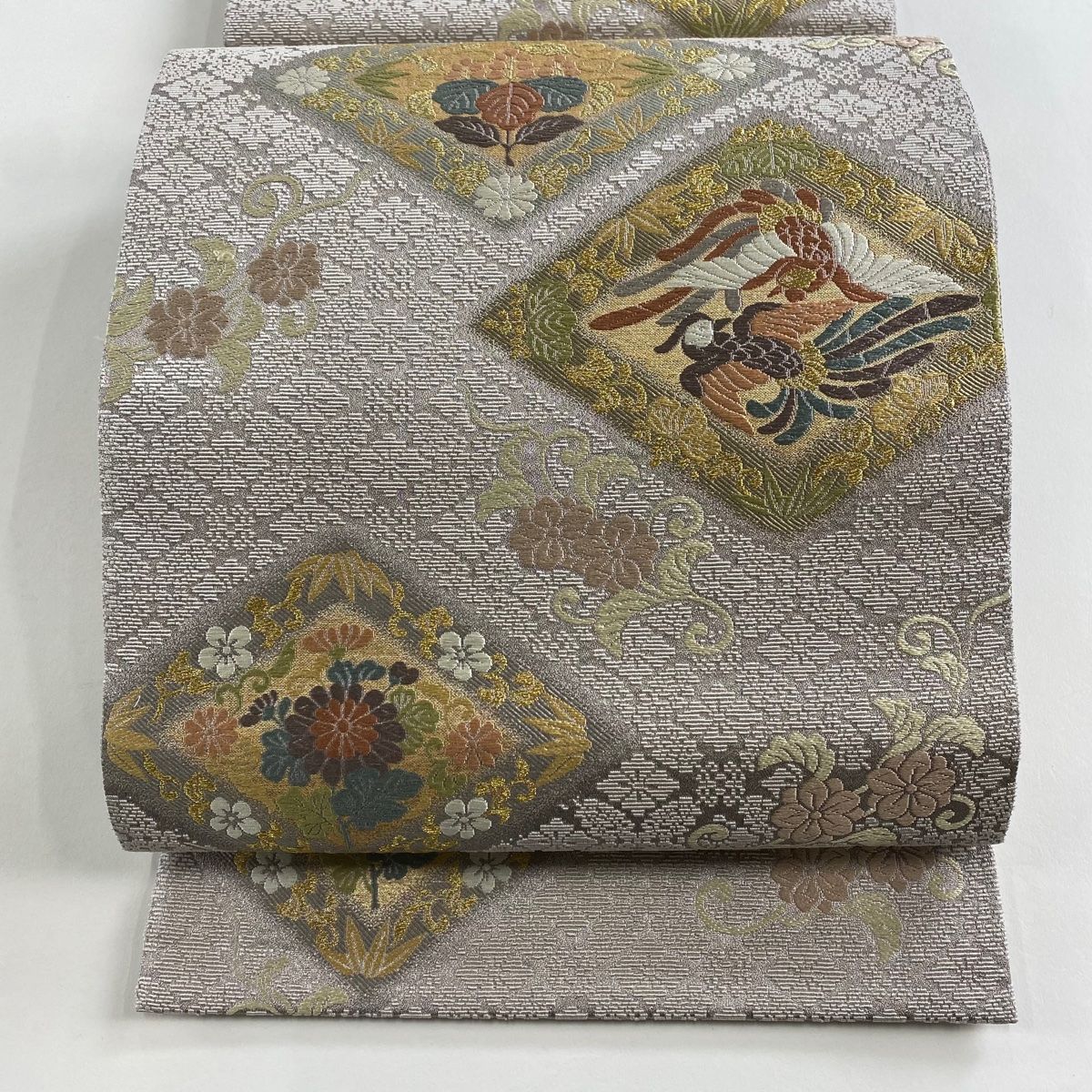 袋帯 尾長鳥 桐 刺繍 金糸 灰紫 六通 正絹