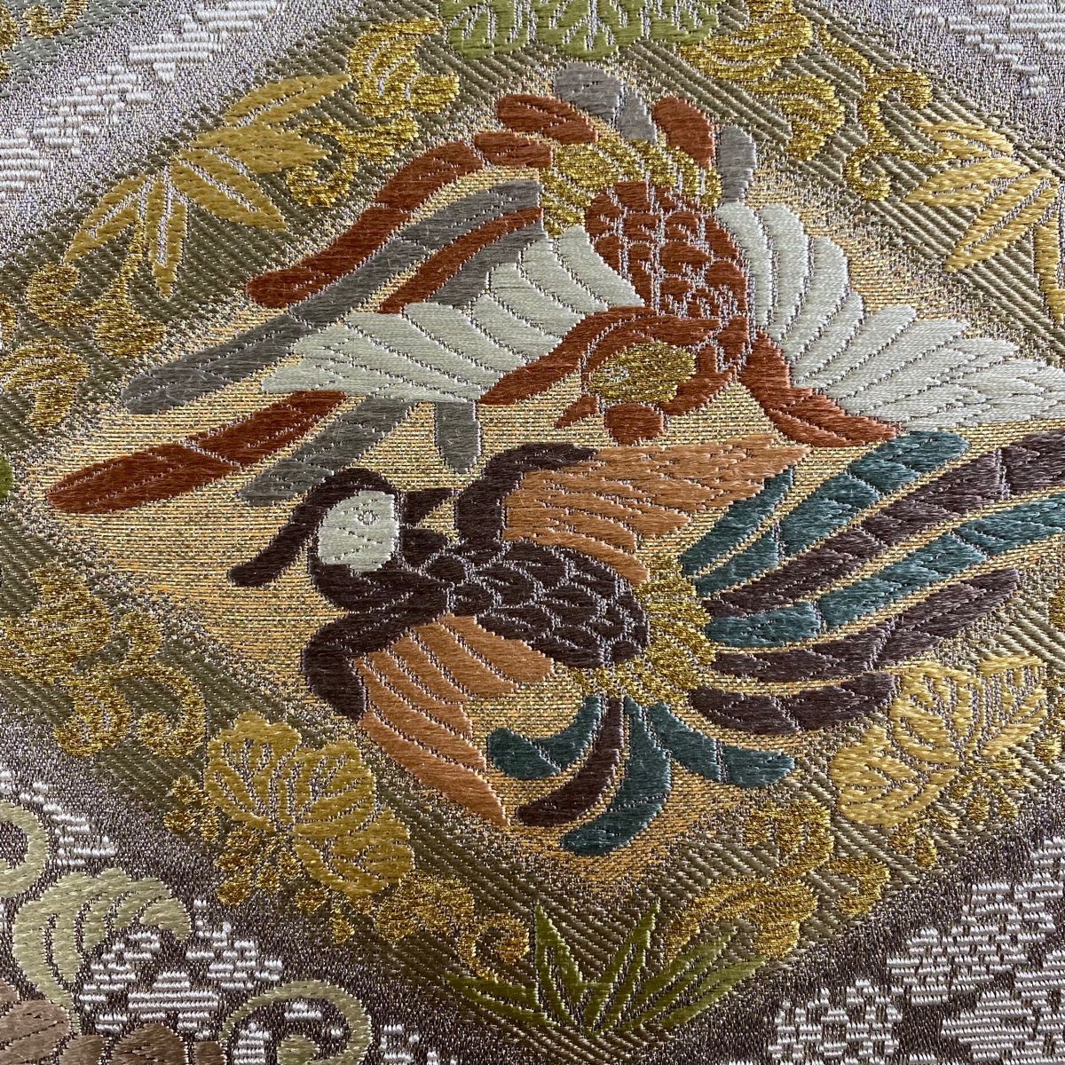 袋帯 尾長鳥 桐 刺繍 金糸 灰紫 六通 正絹