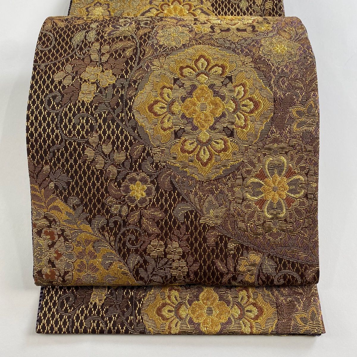 袋帯 華文 草花 金糸 茶紫 六通 正絹