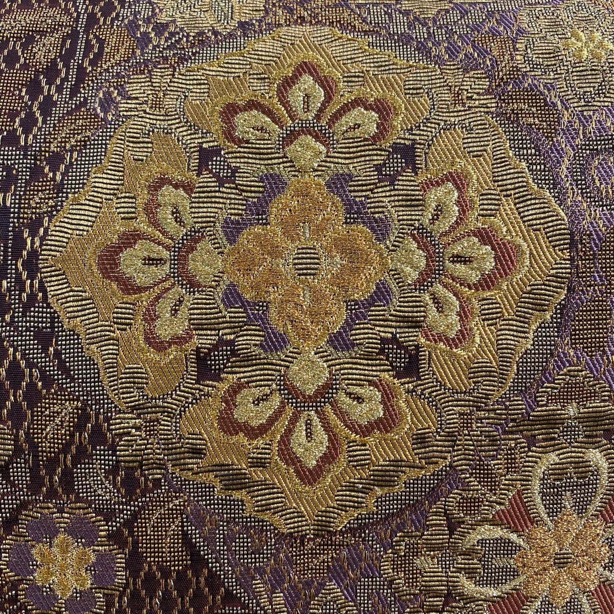 袋帯 華文 草花 金糸 茶紫 六通 正絹