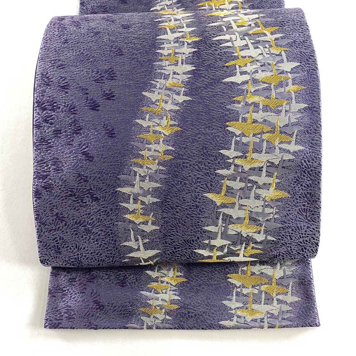 袋帯 秀品 鶴 幾何学 金銀糸 箔 紫 六通 正絹