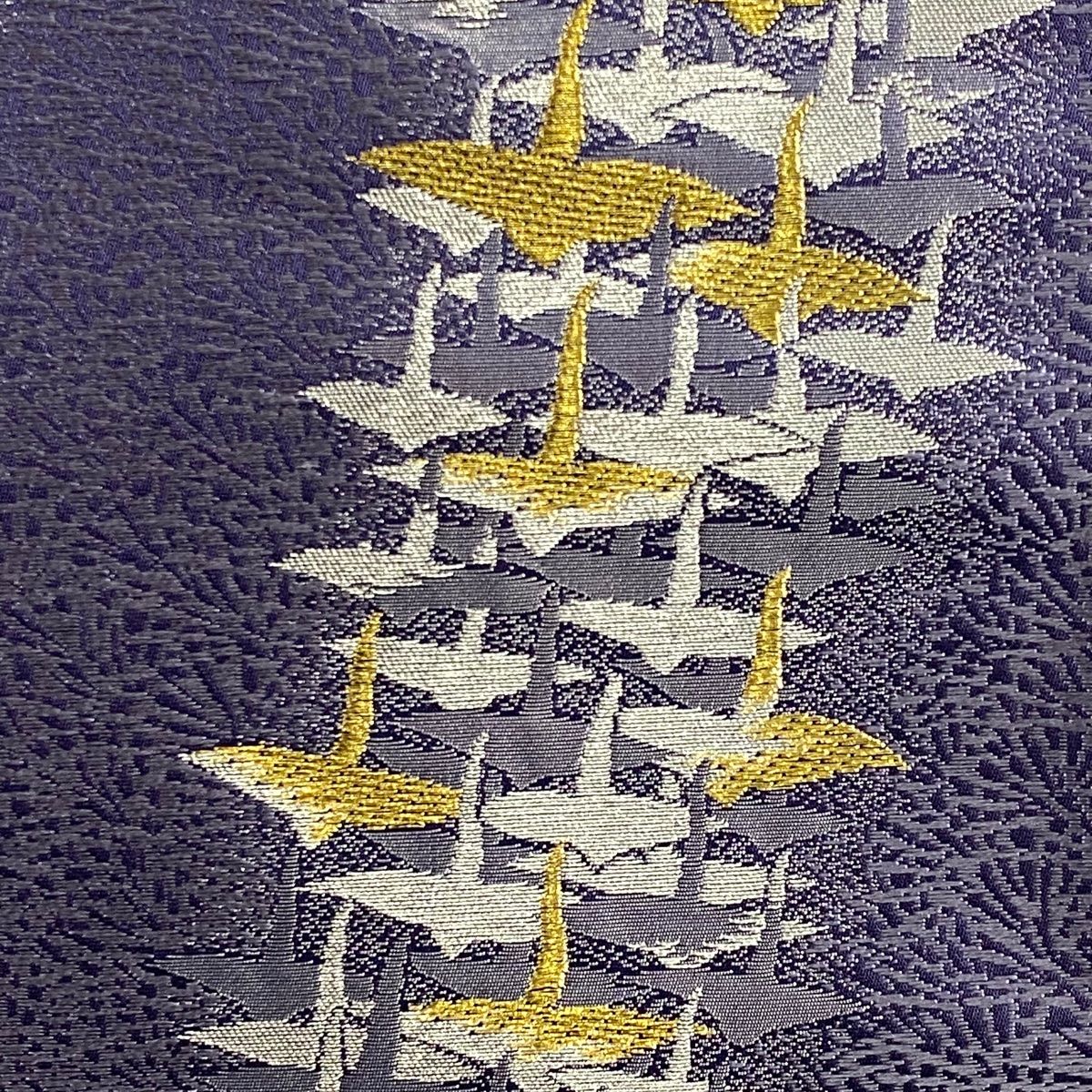 袋帯 秀品 鶴 幾何学 金銀糸 箔 紫 六通 正絹