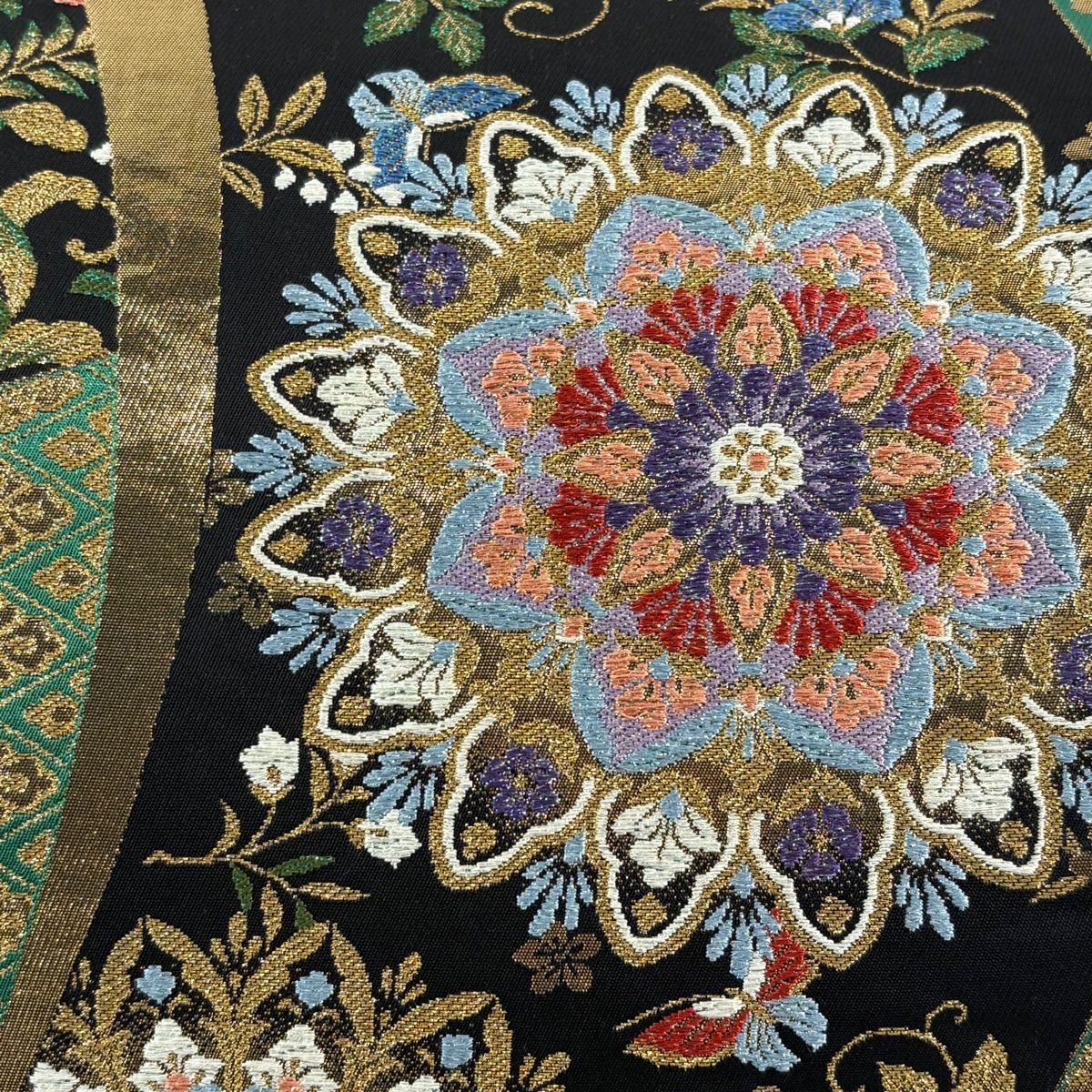 袋帯 秀品 正倉院浪漫 華文 花唐草 金糸 箔 深緑 六通 正絹