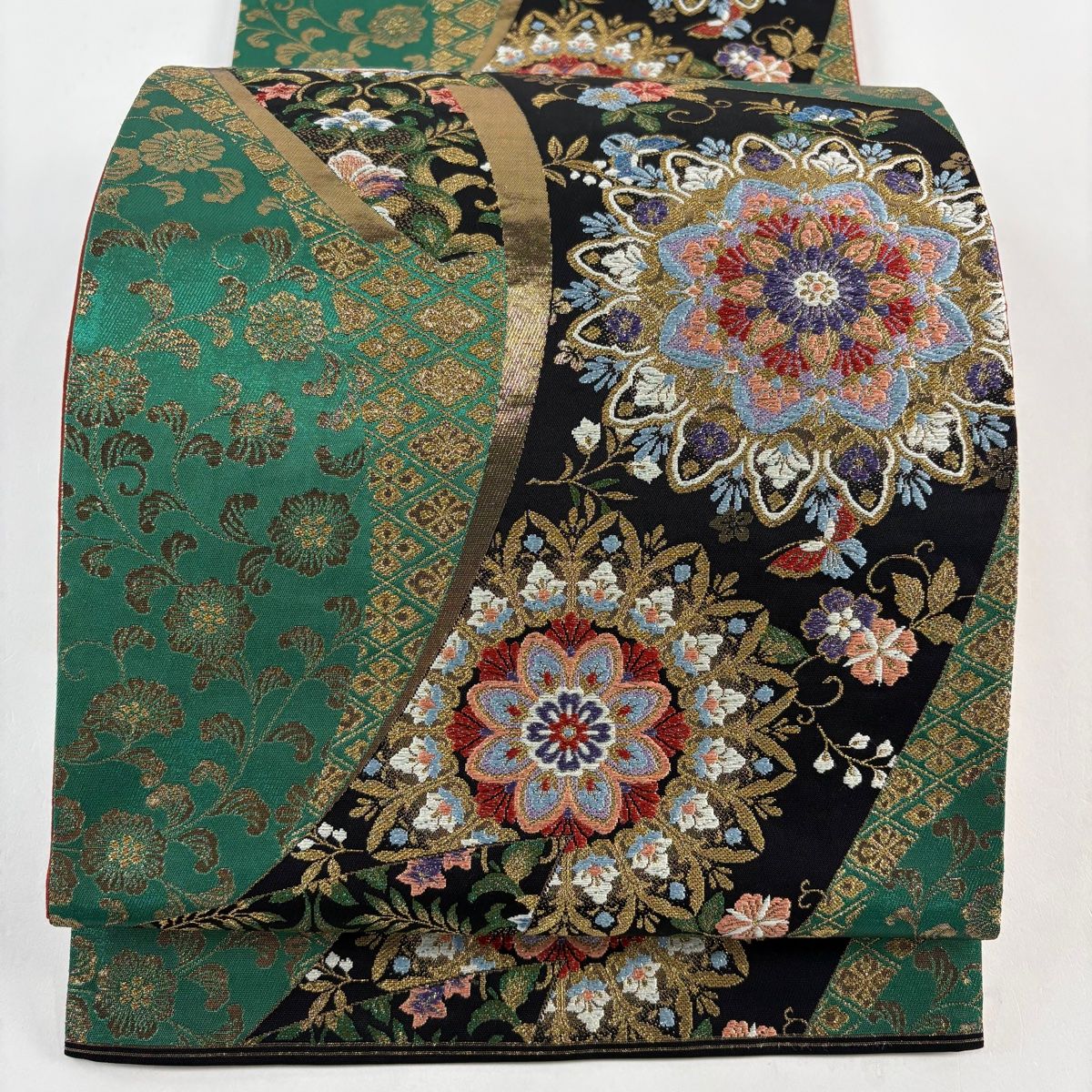 袋帯 秀品 正倉院浪漫 華文 花唐草 金糸 箔 深緑 六通 正絹