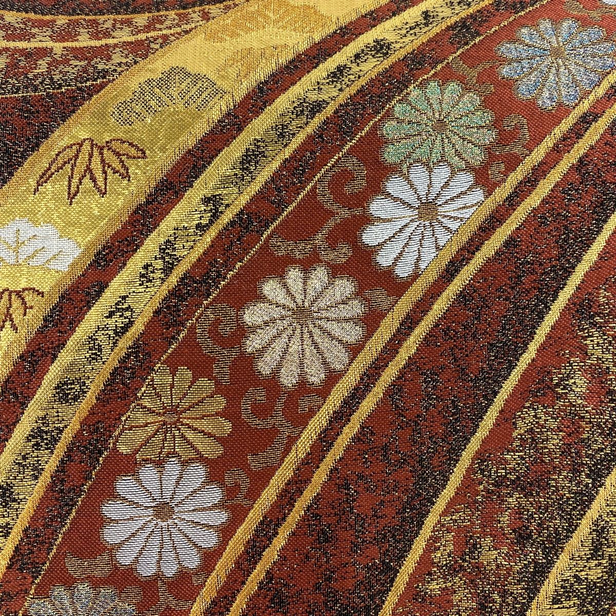 袋帯 秀品 松竹梅 菊唐草 箔 金糸 赤茶 六通 正絹