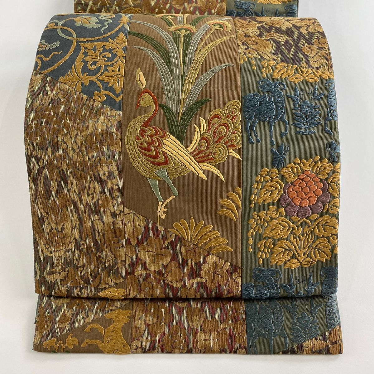 袋帯 落款 証紙 吉田文之 いづくら 孔雀 草花 唐織 茶色 六通 正絹