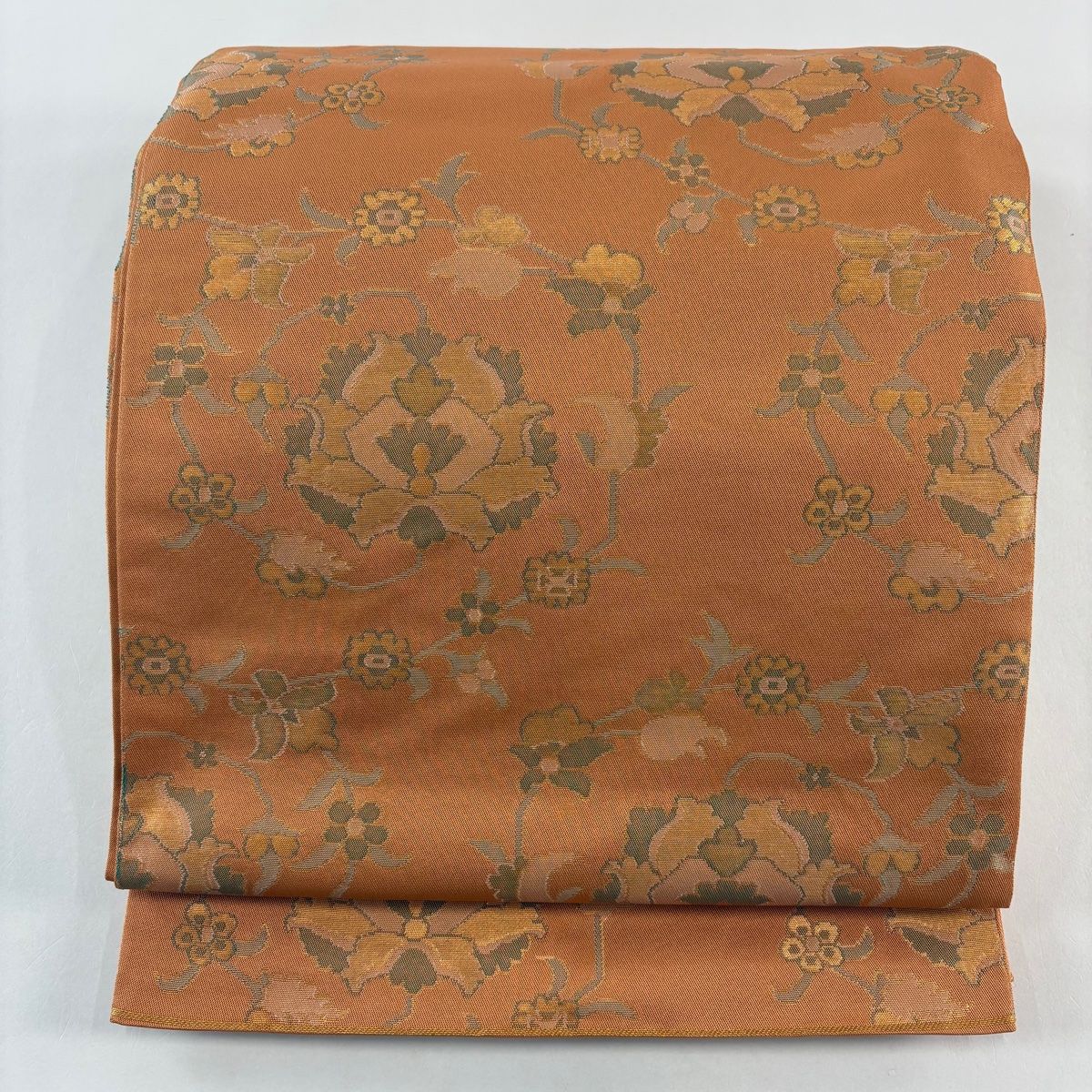 袋帯 秀品 織悦 落款 関西仕立て 草花 箔 オレンジ 全通 正絹