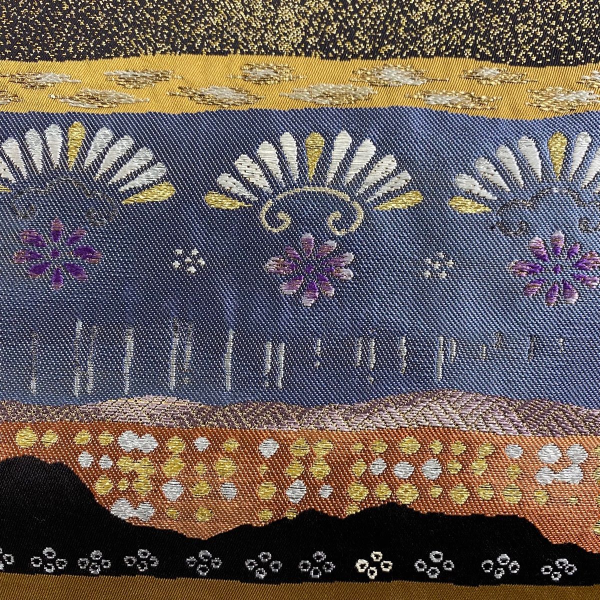 袋帯 聚楽糸 花 幾何学模様 刺繍 箔 山吹茶色 六通 正絹