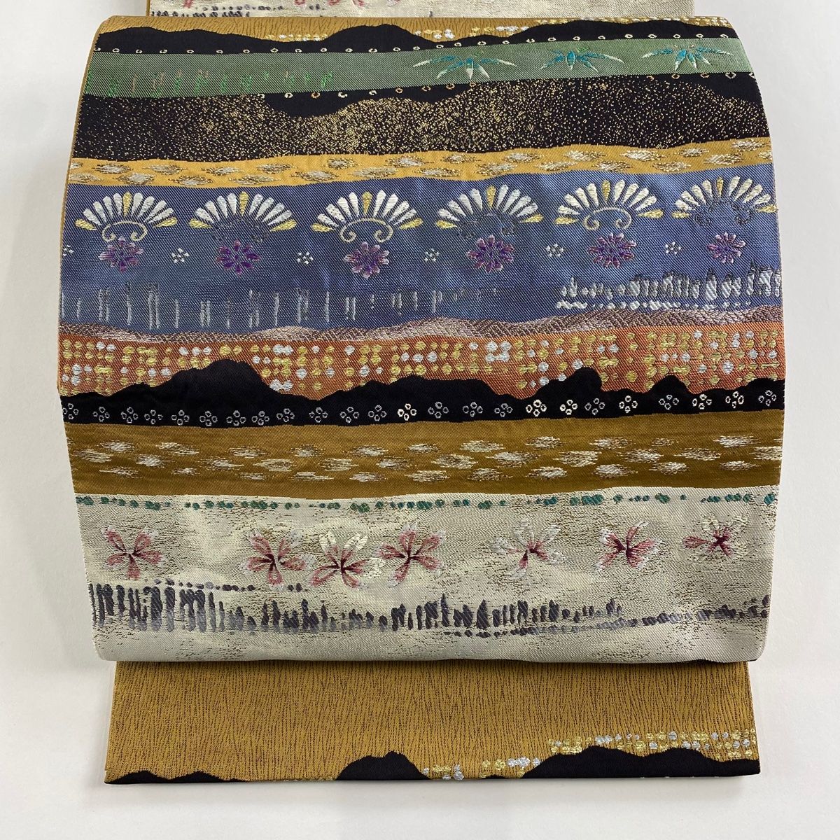 袋帯 聚楽糸 花 幾何学模様 刺繍 箔 山吹茶色 六通 正絹