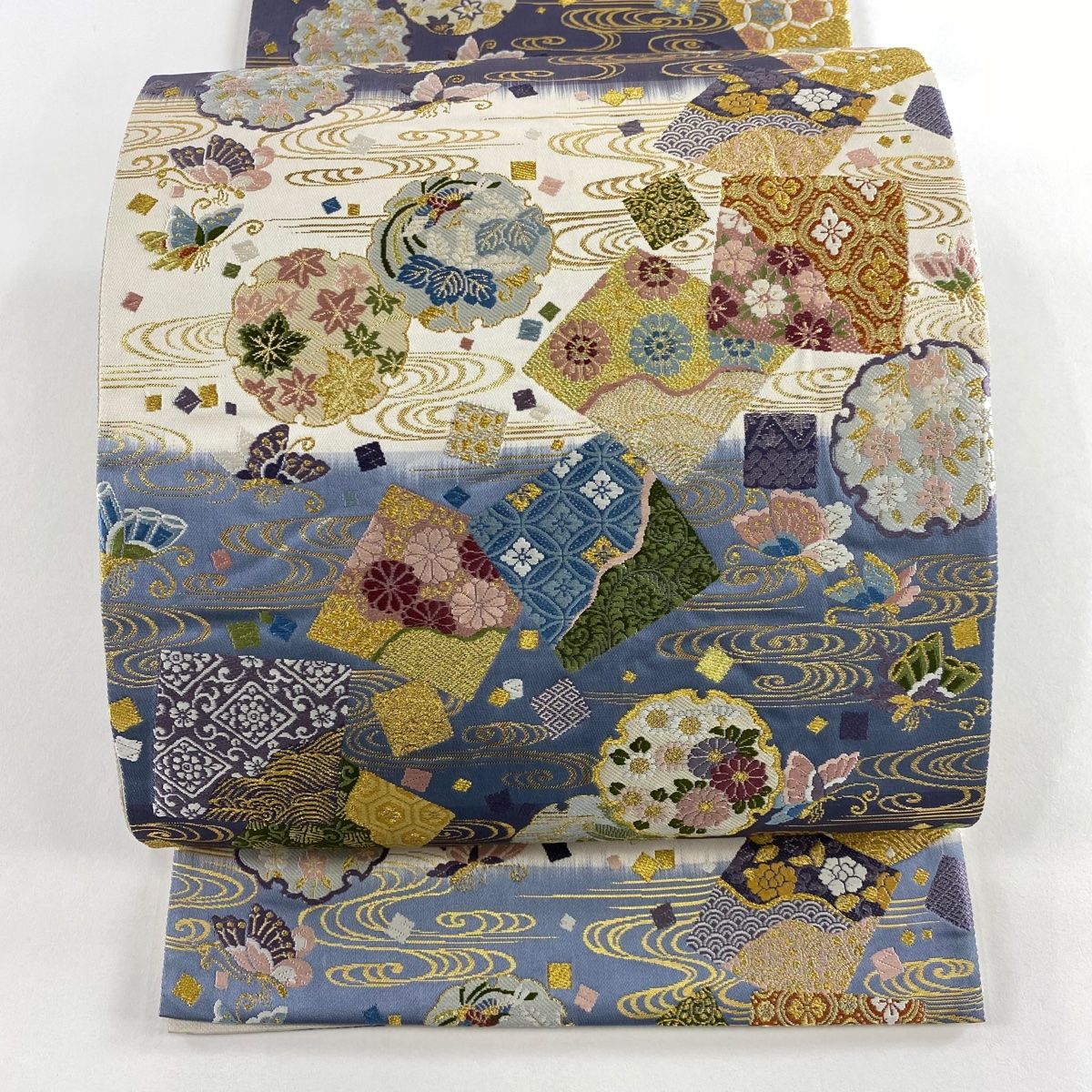 袋帯 秀品 色紙 花蝶 箔 金銀糸 青紫 六通 正絹