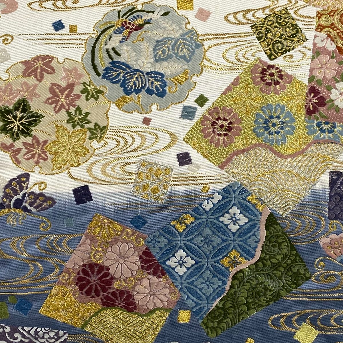 袋帯 秀品 色紙 花蝶 箔 金銀糸 青紫 六通 正絹