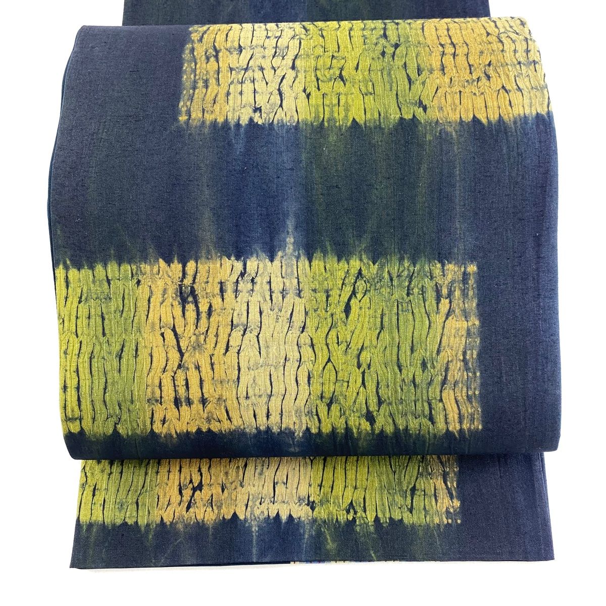 袋帯 秀品 横段 幾何学 絞り 濃紺 全通 正絹