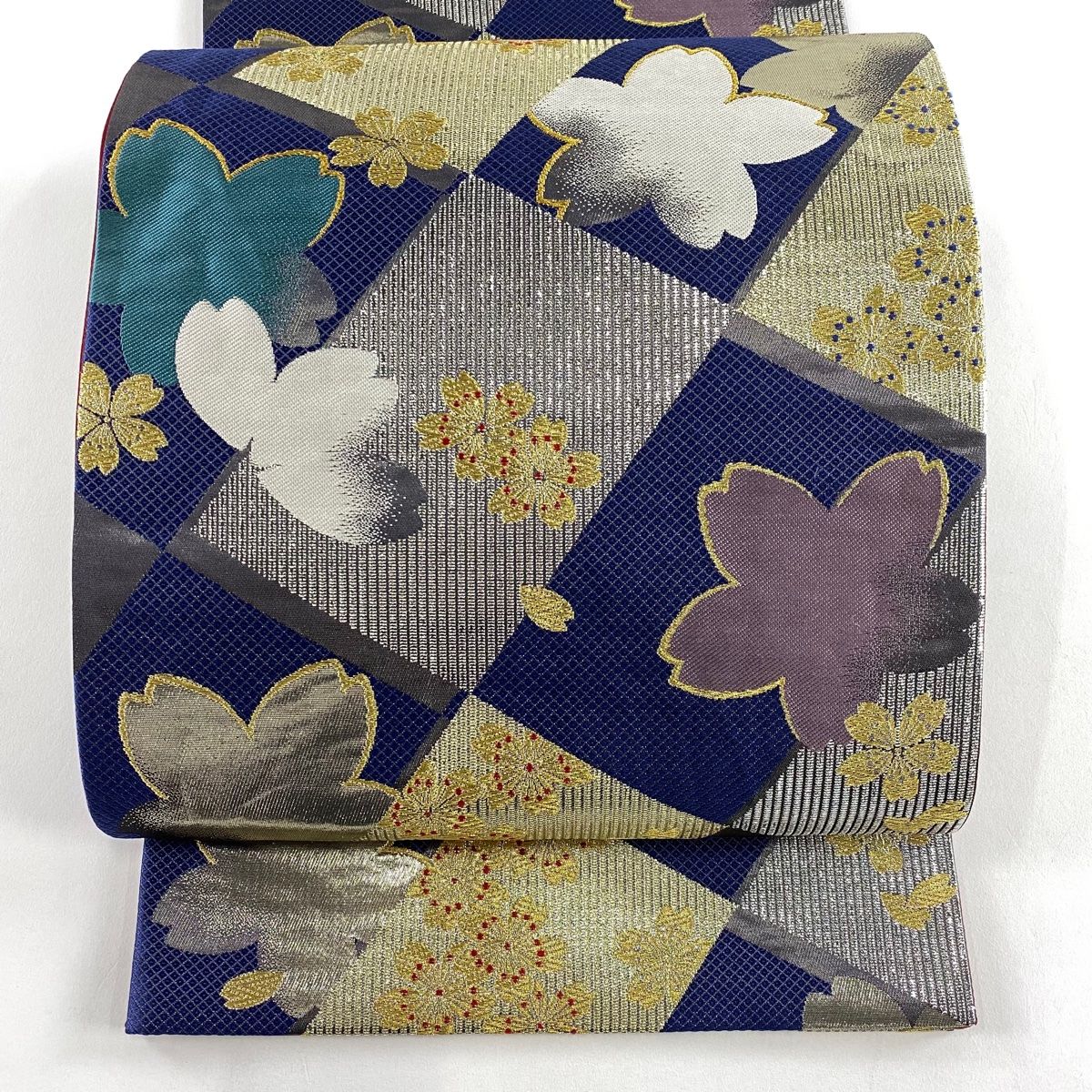 袋帯 秀品 桜 菱 金糸 箔 青紫 六通 正絹