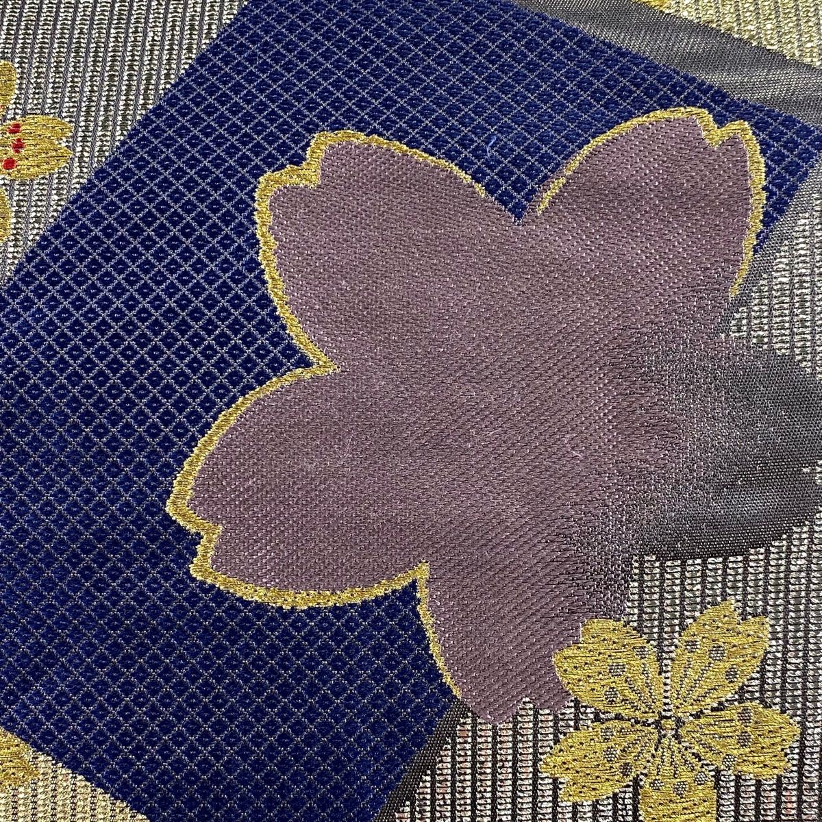 袋帯 秀品 桜 菱 金糸 箔 青紫 六通 正絹