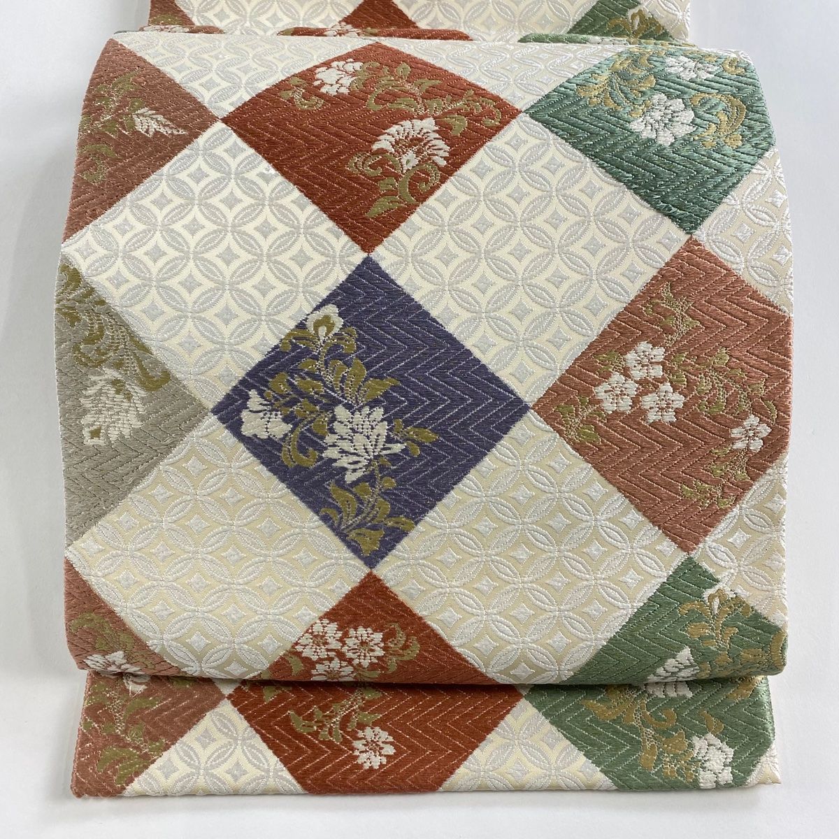 袋帯 菱 草花 唐織 金糸 クリーム 六通 正絹