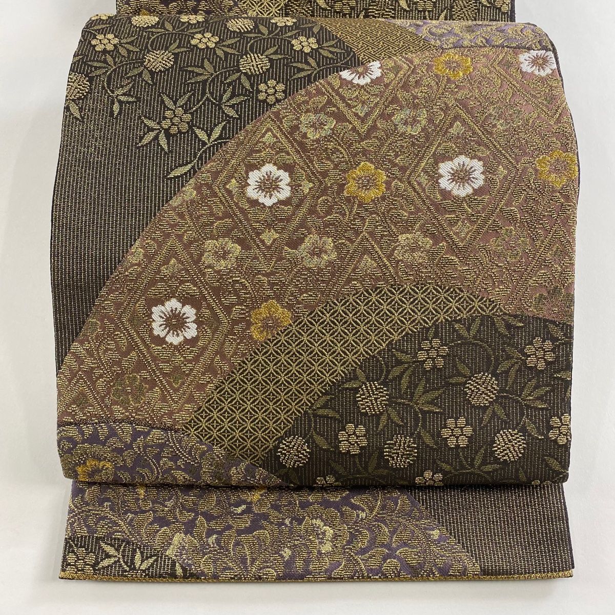 袋帯 西陣織 笹蔓 花唐草 金糸 箔 茶紫 六通 正絹
