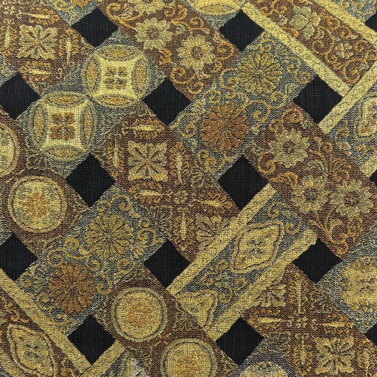 美品】 袋帯 秀品 七宝 花唐草 金銀糸 箔 黒 六通 正絹 【中古