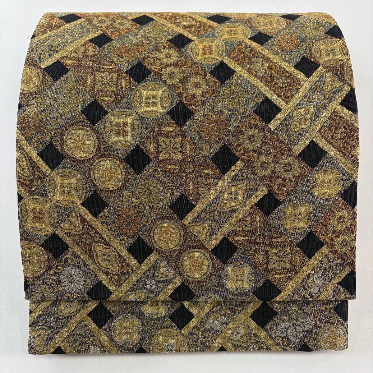 袋帯 秀品 七宝 花唐草 金銀糸 箔 黒 六通 正絹