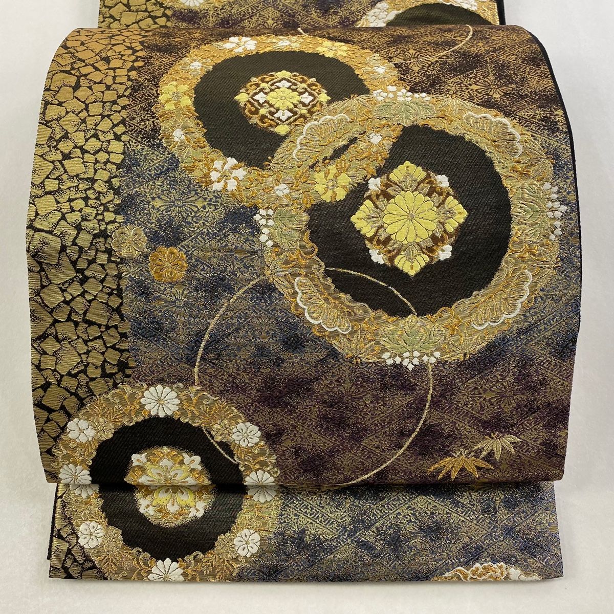 袋帯 じゅらく 落款 華文 松竹梅 金糸 箔 金色 六通 正絹