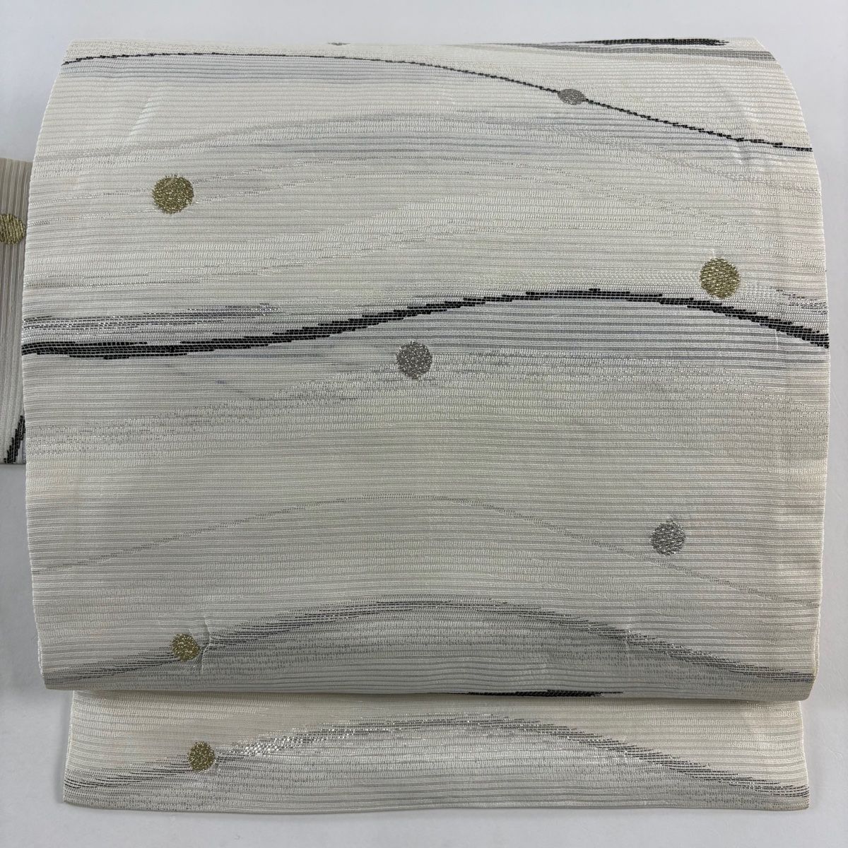 名古屋帯 秀品 幾何学模様 円 金銀糸 クリーム 正絹