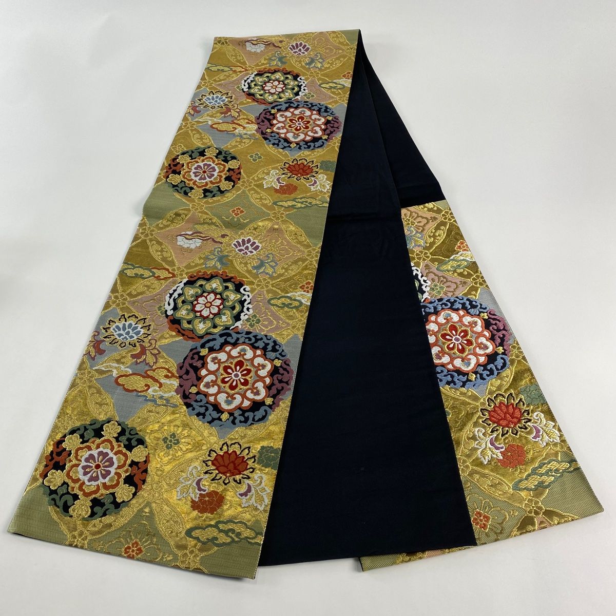 シンプルな生活 袋帯 秀品 華文 七宝 金糸 箔 よもぎ色 六通 正絹