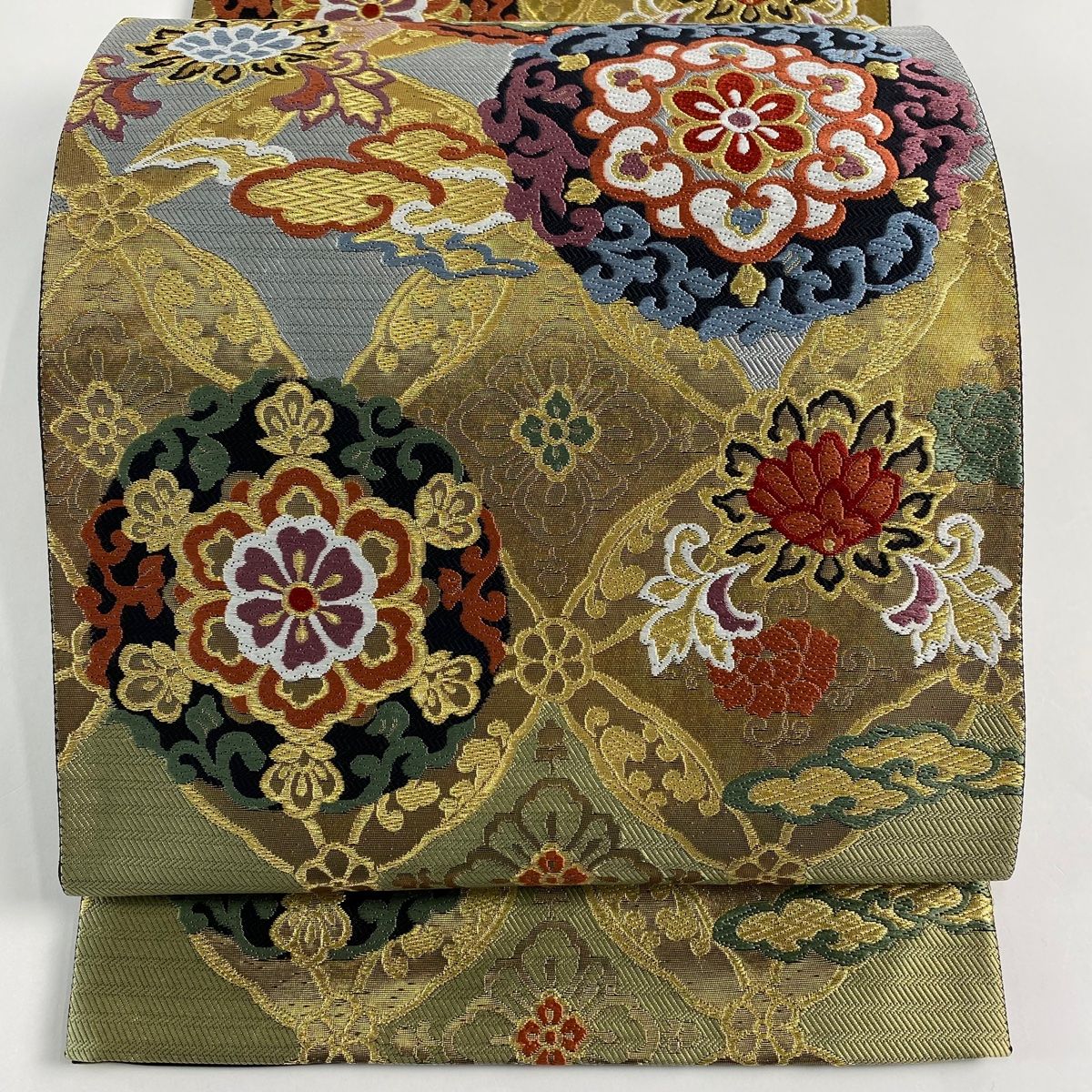 袋帯 秀品 華文 七宝 金糸 箔 よもぎ色 六通 正絹