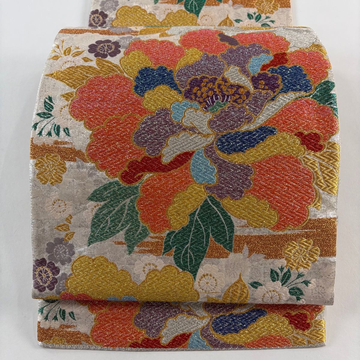 袋帯 秀品 牡丹 桜 金銀糸 箔 灰白 全通 正絹