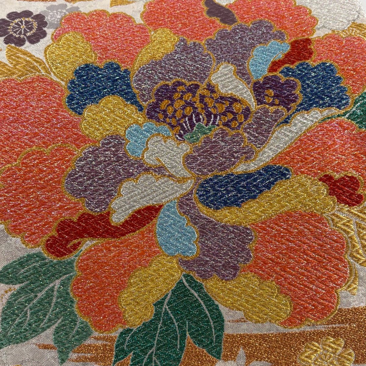 袋帯 秀品 牡丹 桜 金銀糸 箔 灰白 全通 正絹