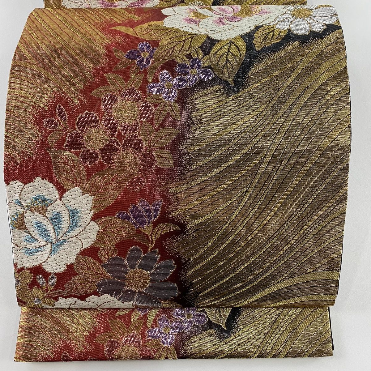 袋帯 秀品 草花 波 箔 唐織 金色 六通 正絹